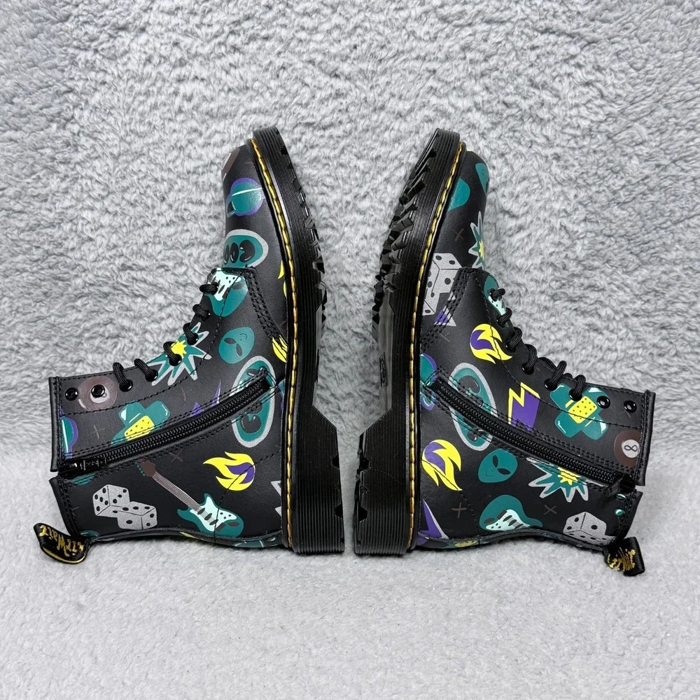 Dr.‎ Martens 1460 Sticker Print Kids Size 4 Combat Boots Black Leather